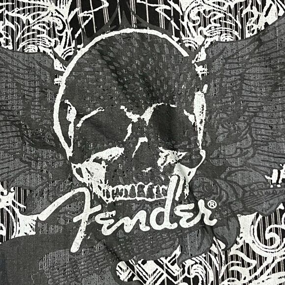 Fender Button Up Shirt Men's Long Sleeve Black Size XL Skull Wings Rock Guitar - Picture 10 of 12